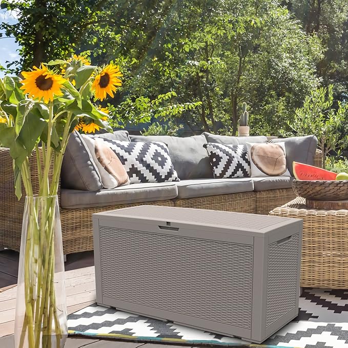 Modern-Depo 100 Gallon Deck Box Waterproof Outdoor Storage Bench Polypropylene PP Garden Tools Pool Towel Storage Bin Porch Delivery Box, Gray
