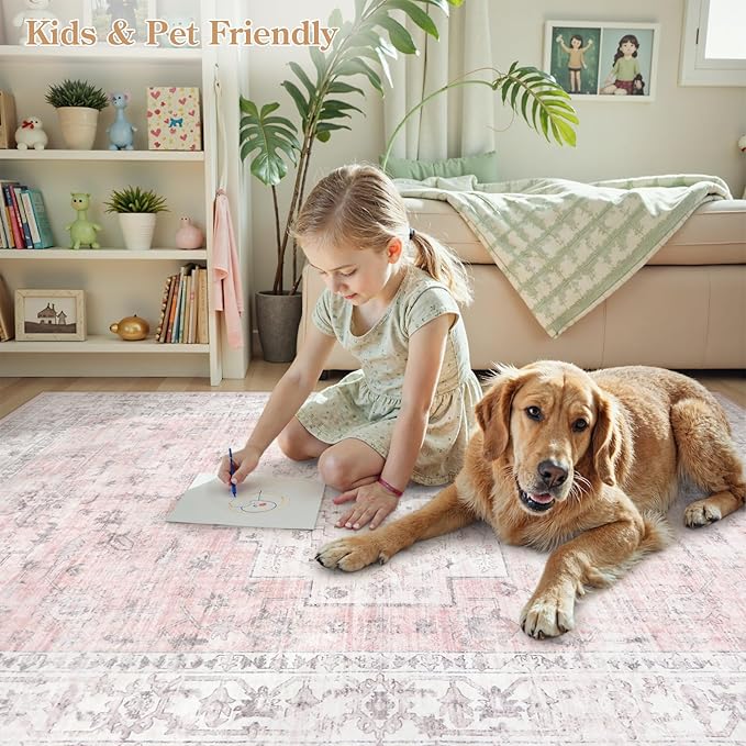 LIVEBOX Pink 10x14 Area Rug for Bedroom Girls, Boho Washable Rugs for Living Room Nursery, Non-Slip Indoor Soft Carpet Low-Pile Farmhouse Carpets for Dining Room Kids Playroom, Pink