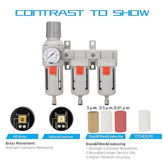 NANPU Three Stage Air Drying System - 5 Micron Particulate Filter, 0.5＆0.01 Micron Coalescing Filters, Air Pressure Regulator Combo - 0-150 psi Gauge, Semi-Auto Drain, Metal Bracket（3/8" NPT）