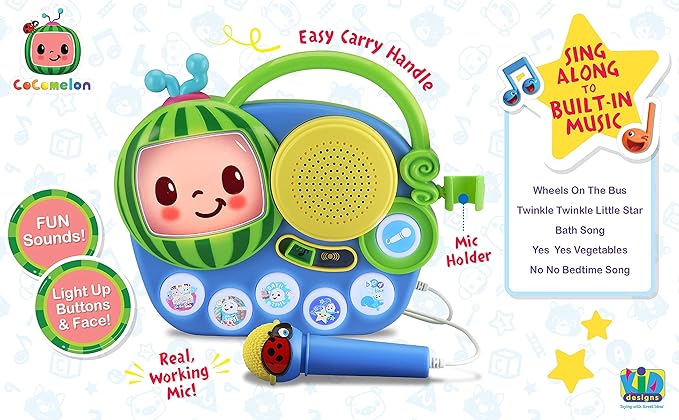 eKids Cocomelon Toy Singalong Boombox with Microphone and Built-in Music, Toddler Toys for Fans of Cocomelon Gifts