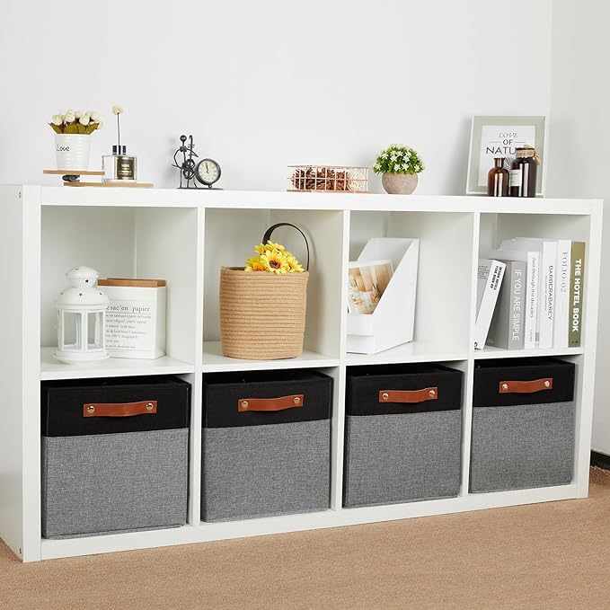 HNZIGE Cube Storage Baskets,Fabric Storage Cubes 12 x 12, Set of 4,Decorative Storage Baskets for Organizing with Handles,Closet Bins for Shelf Organizer Home Toy Nursery Closet(Black Gray)