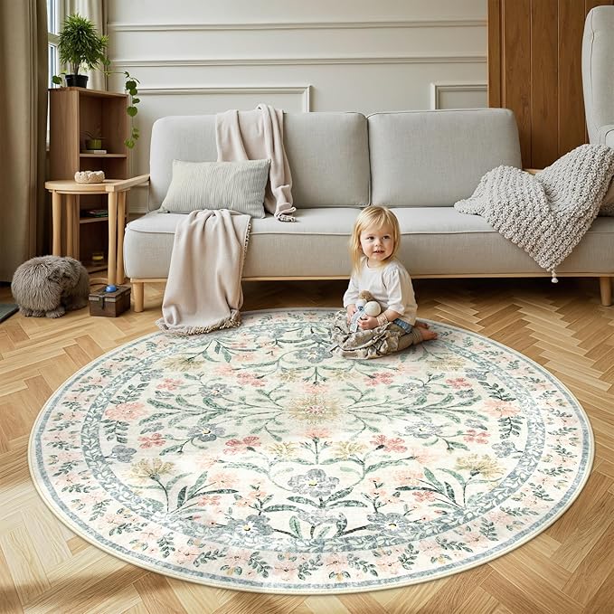 Wonnitar Floral Round Rugs 6ft, Boho Large Machine Washable Circle Rug, Low Pile Soft Flower Botanical Print Beige Round Carpet for Living Room Bedroom Dorm Sunroom