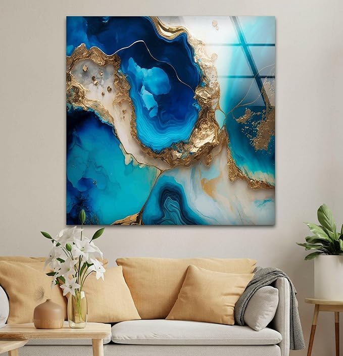 My Photostation.com Round 24'' Blue Alcohol ink Glass Wall ArtTempered Glass Printing Wall Decor Large Wall Art Wall Hangings