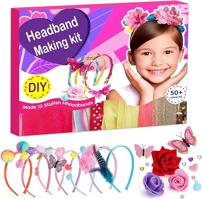 Headband Making Kit for Girls, DIY Hair Accessories Craft Set Make 12+ Fashion Headbands for Kids 5-12, Art Supplies with Ribbons & Charms, 5 Year Old Girl Birthday Gift Ideas, Girls Fashion Gift