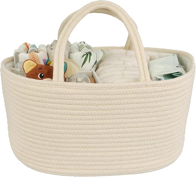 Diaper Caddy Organizer Cotton Rope Baby Basket Nursery Storage and Portable Tote Bag for Car Ideal Baby Shower Gifts and Registry Must-Have for Newborn Essentials beige