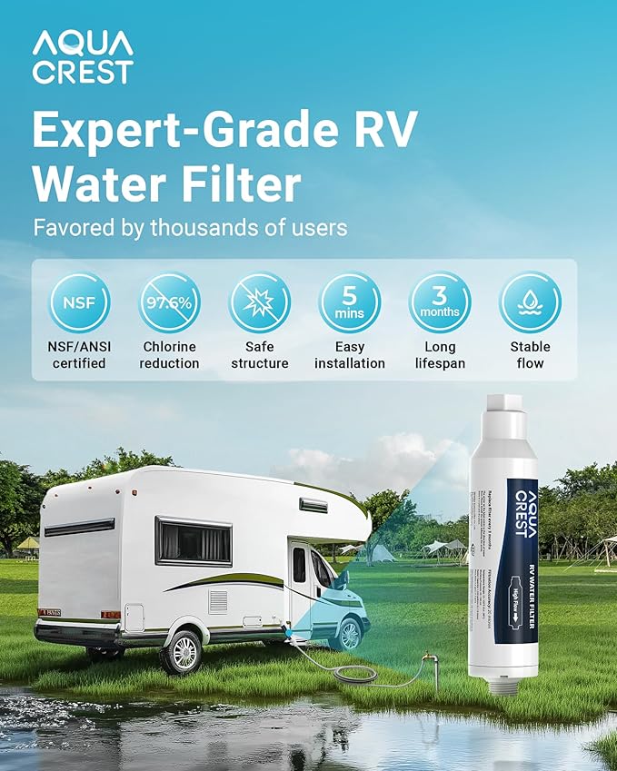 AQUA CREST RV Inline Hose Water Filter, Garden and Camper, NSF Certified, Greatly Reduces Chlorine, Bad Taste, Odor, 2 Pack with Hose Protector (Package May Vary)