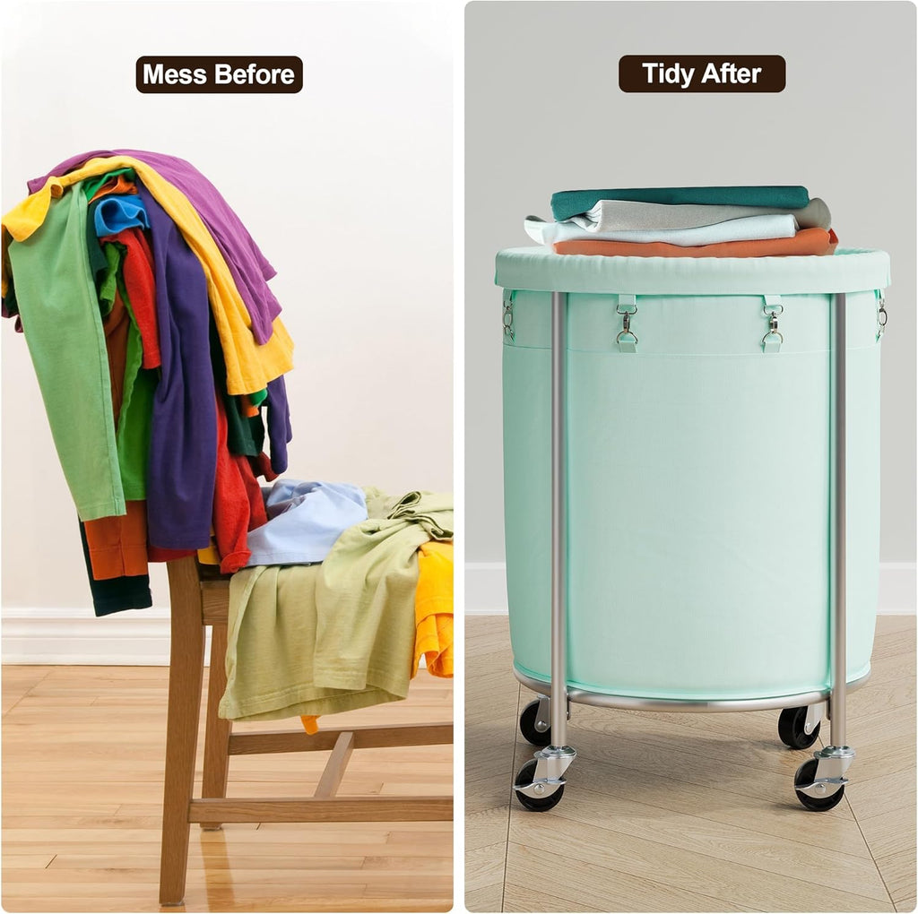 ELYKEN Laundry Basket with Wheels, 170L Rolling Laundry Hamper with Removable Bag and Steel Frame, Round Laundry Cart with 4 Casters and 2 Brakes, Ideal for Bedroom, Bathroom, Laundry Room, Mint Green