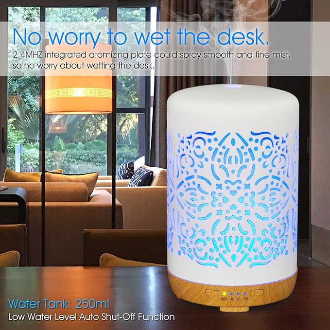 Earnest Living Essential Oil Diffuser White Ceramic Diffuser 250 ml Timers Night Lights and Auto Off Function Home Office Humidifier Aromatherapy Diffusers for Essential Oils