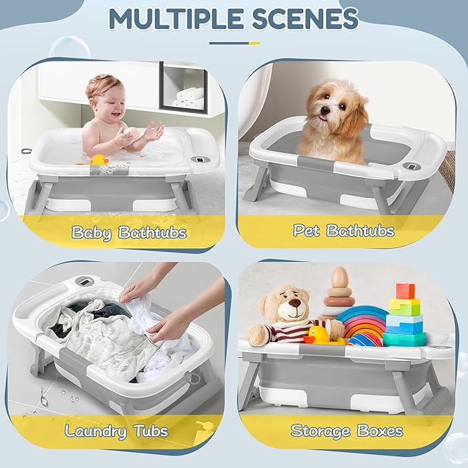 Collapsible Baby Bathtub,Baby Bath Tub with Thermometer & Soft Cushion,Baby Bathtub for Newborn to Toddler 0-36 Months,Portable Travel Baby Tub with No-Slip Feet,Baby Shower Gifts,Grey
