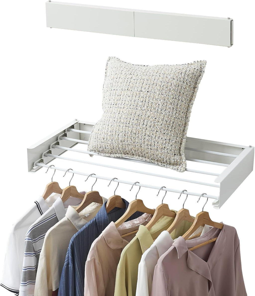 Clothes Drying Rack, Laundry Hanging Rack Collapsible, Wall Mounted Drying Rack for Laundry, Foldable Drying Rack Indoor Outdoor, 31.5" Wide, 5 Aluminum Rods, 60 lb Capacity (White 31.5")