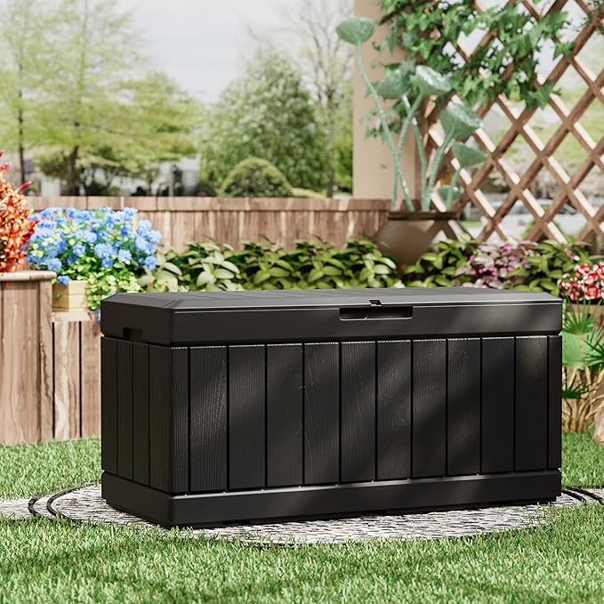 Greesum 82 Gallon Resin Deck Box All Weather Large Outdoor Storage for Patio Furniture, Toys, Garden Tools, Lockable, Black