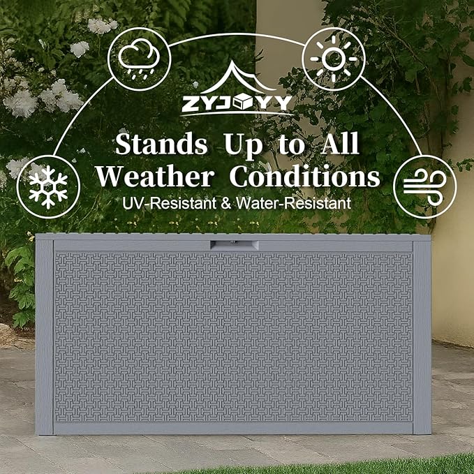 Outdoor Storage Box, 90 Gallon Deck Box, Waterproof Resin Storage Box for Patio Cushions, Gardening Tools, Lockable, UV Resistant, Grey