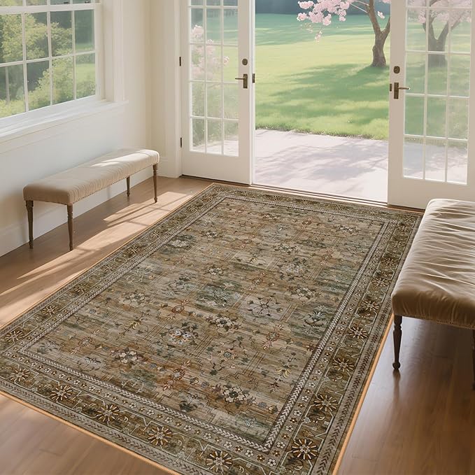 4x6 Area Rug for Bedroom Machine Washable, Non Slip Vintage Floral Kitchen Rugs for Dining Room, Low Pile Indoor Floor Print Carpet for Nursery Farmhouse Home Office Olive/Charcoal