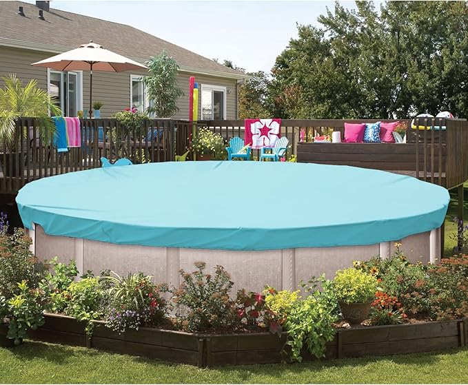 ECOOPTS 11 ft Waterproof Round Polyester Pool Cover for Above Ground Pools, Swimming Pool Cover Protector Winter Safety Cover (Turquoise)