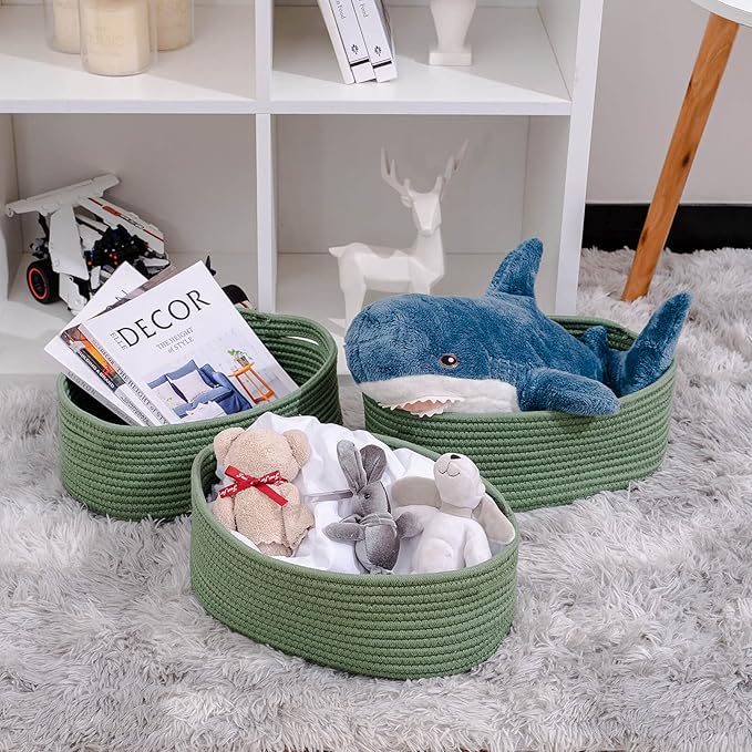 Shelf Storage Baskets for Organizing|Decorative Basket for Closet Storage|Toy Baskets&Bins|Small Woven Rope Baskets-13x8.66x5.11’’,Durable&Stylish,Oval 3 Packs Green