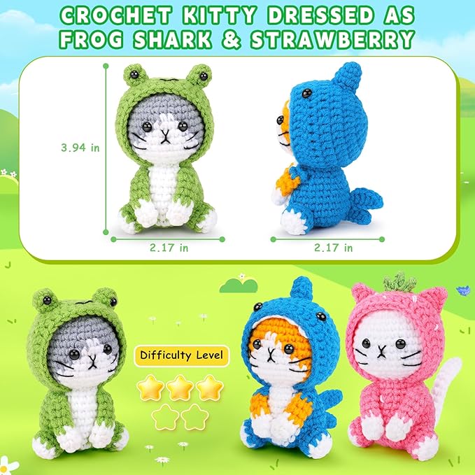 Crochet Kit for Beginners - 3 PCS Crochet Kits with Step-by-Step Video Tutorials, Beginner Crochet Kit for Adults Kid, Crochet Animal Kit for Starters, Cat Dressed as Shark Frog Strawberry