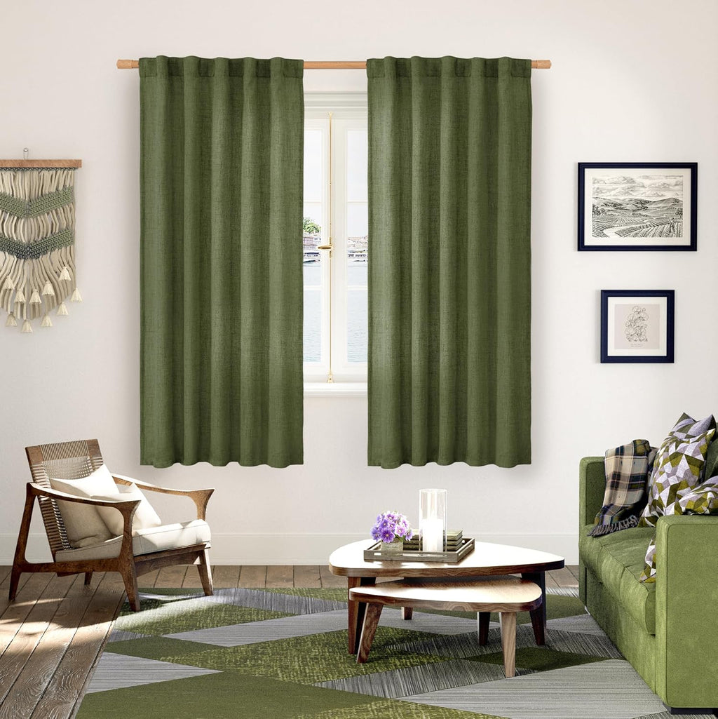 YoungsTex Olive Green Linen Curtains for Living Room 72 Inch Length, Light Filtering Rod Pocket Window Drapes Back Tab for Office Bedroom Farmhouse Lightweight, 2 Panels, 42 X 72 Inch