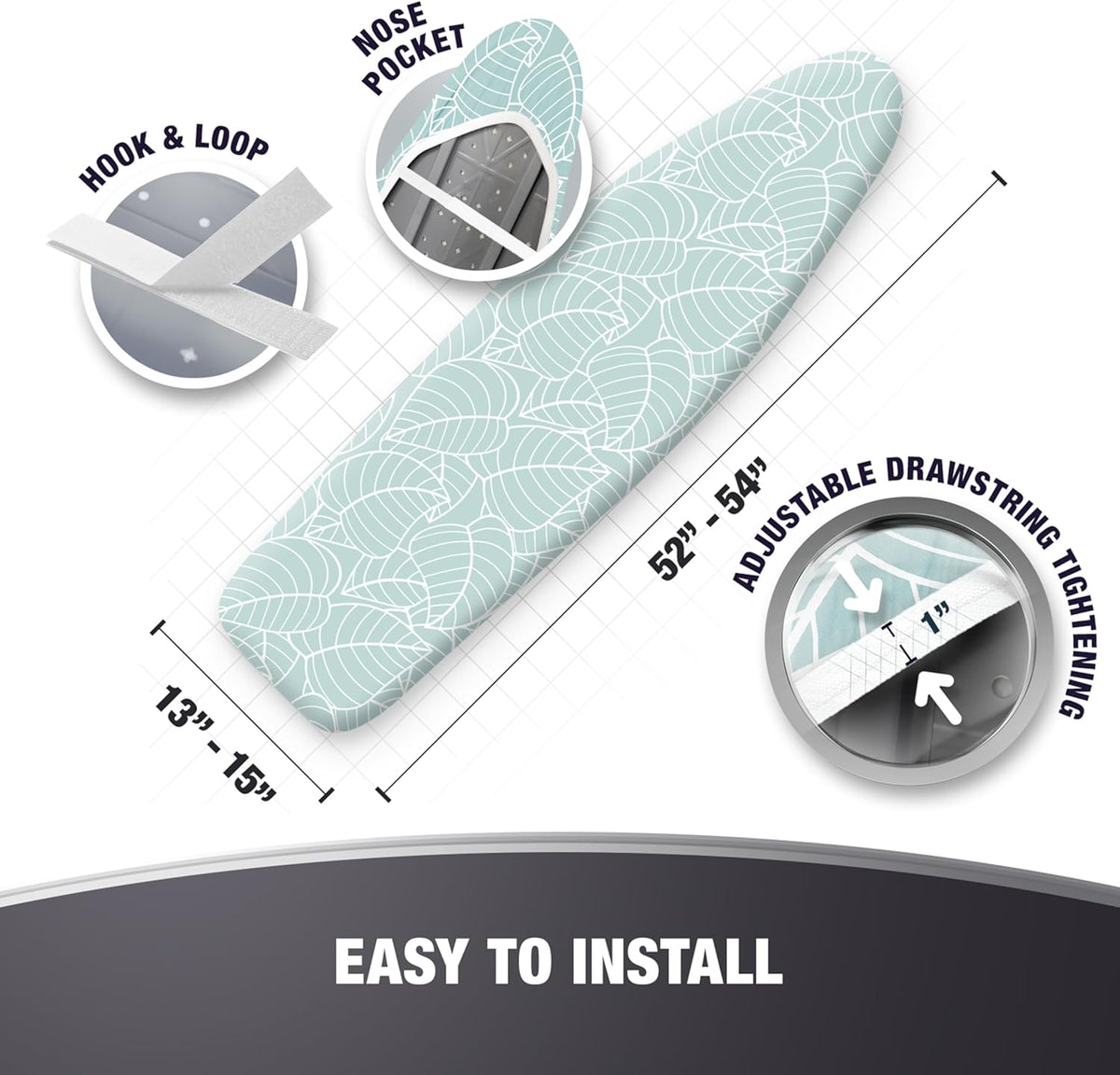 Extra Thick Ironing Board Covers with Pad Standard Size 15x54, Snug Fit Adjustable Drawstring Tightening with Stopper, Heat Reflective Coating, Nose Pocket and Fastener Straps, Green Floral