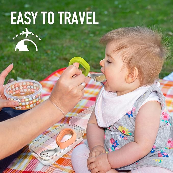 Toddler Utensils - Baby Forks and Spoons Set - Kids Stainless Steel Silverware - Children Safe - Self Feeding - Dishwasher Safe (Orange + Green)
