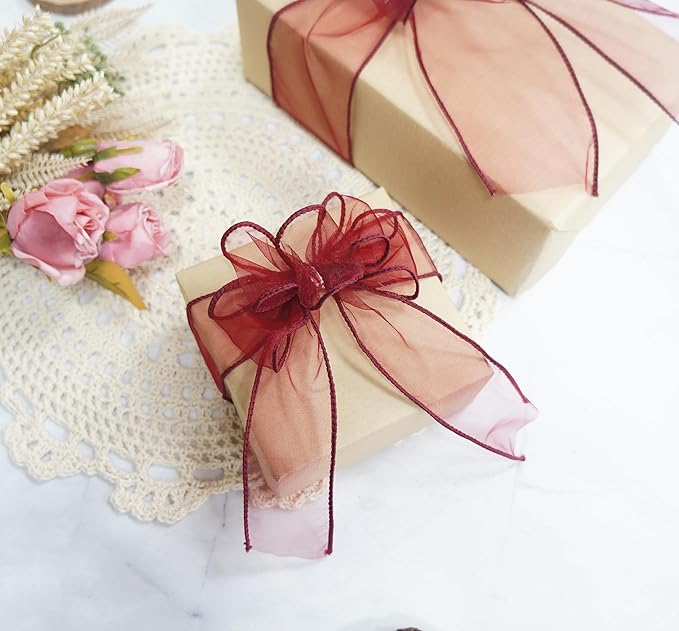 CT CRAFT LLC Sheer Organza Wired Ribbon 1.5" x 50Yards Burgundy for Wedding Chair Bow Flora Bouquet Gift Wrapping Christmas Tree Home Decor Wreath