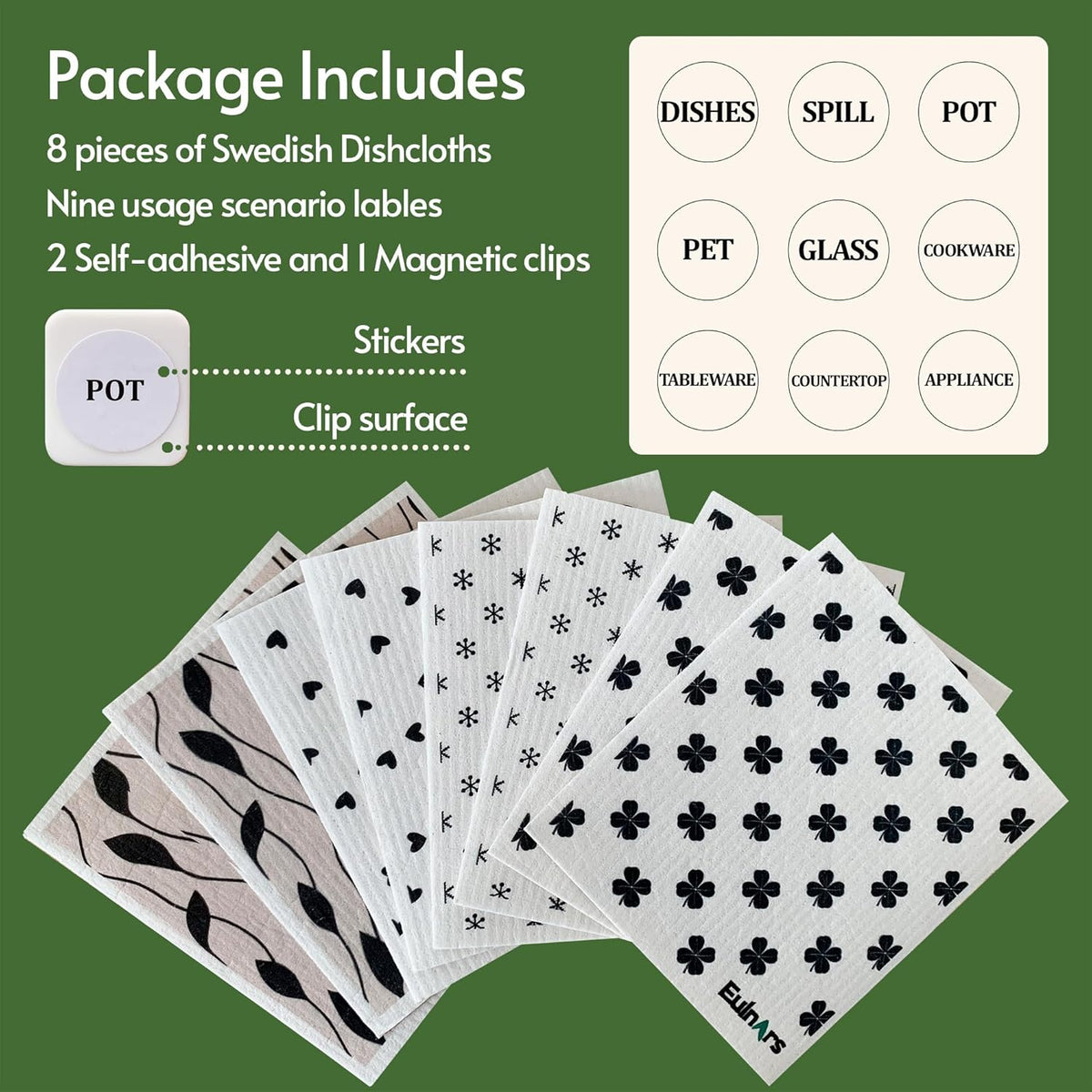 Reusable Paper Towels, 8-Pack Swedish Dishcloths for Kitchen with 3 Clips, Black White, Cotton, 200 Washes