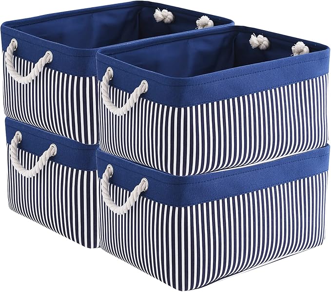 TcaFmac Storage Basket for Organizing - Large 4 Pack Foldable Storage Bins Baskets for Shelves with Ropes, Fabric Storage Cubes for Cloth Toy Gift Kids (Navy & White 16x12x8 inch)