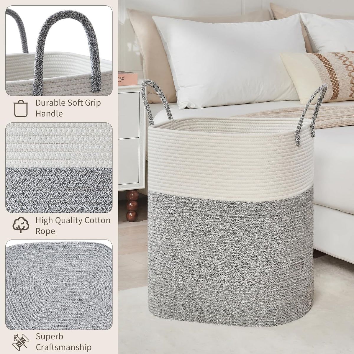 Laundry Basket with Handles - Blanket Basket & Hampers for Bedroom Aesthetic, Laundry Hamper & Blanket Storage for Living Room, Clothes Hamper, Tall, Large 17" x 14" x 24”, White & Grey