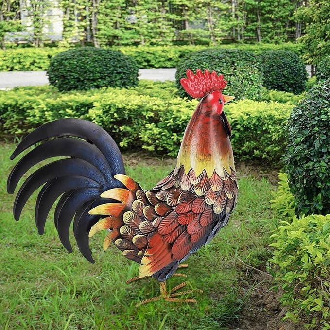 chisheen Rooster Decor Garden Statue Metal Chicken Yard Art Sculpture Outdoor Figurines