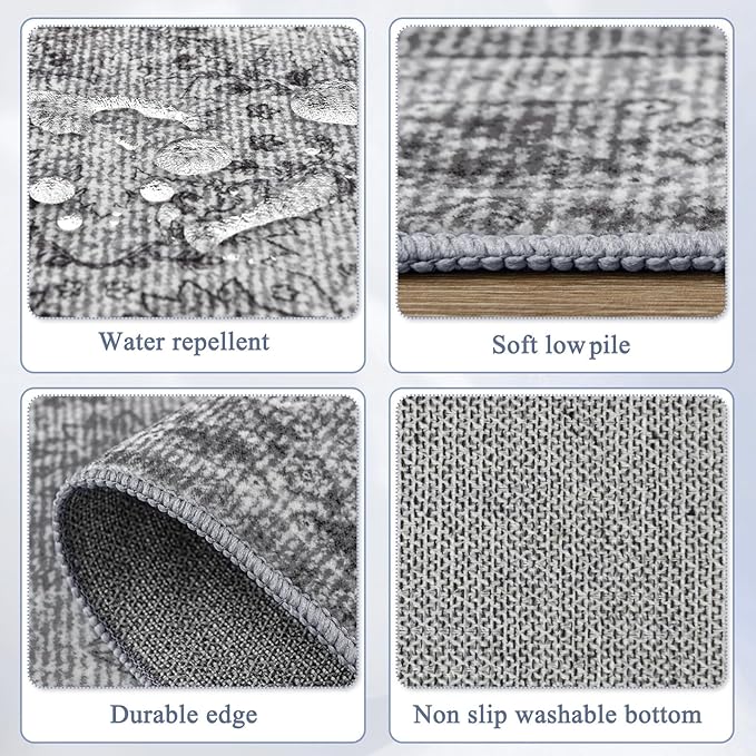6x9 Washable Area Rug Non Slip, Faded Grey Living Room Rugs Low Pile, Thin Vintage Floral Carpets, Indoor Large Distressed Print Carpet for Bedroom Dining Room Farmhouse Home Office College Dorm