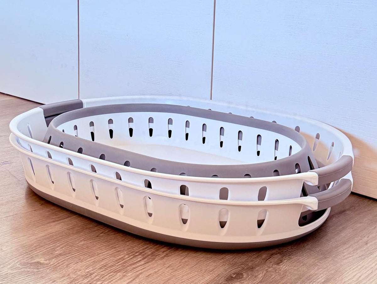 Premium Collapsible Laundry Baskets – Foldable Laundry Basket & Hamper Bin 45L with Handles for Clothes, Ventilated Plastic Storage, White & Grey for Bedroom, Bathroom or Laundry Room