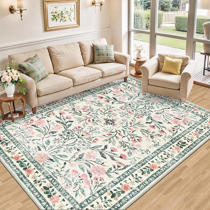 Area Rug Living Room Rugs: Floral 5x7 Washable Rug Vintage Soft Boho Non-Slip Carpet Indoor Stain Resistant Large Carpets for Bedroom Dining Room Farmhouse Nursery Hallway Home Office Green Beige