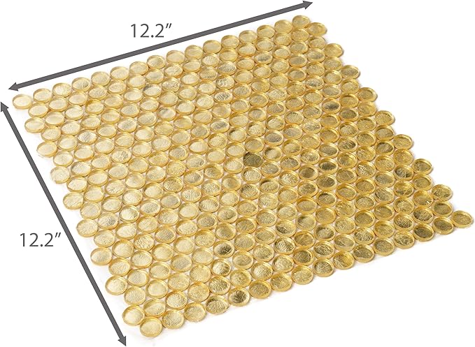 Box of 10 Glossy Gold Glass Penny Round Mosaic Tiles – 12.2" x 12.2" Mesh-Mounted Sheets, 10.34 Sq Ft, Not Peel & Stick - Kitchen Backsplash, Shower Wall, Bathroom, Fireplace, Interior Decor