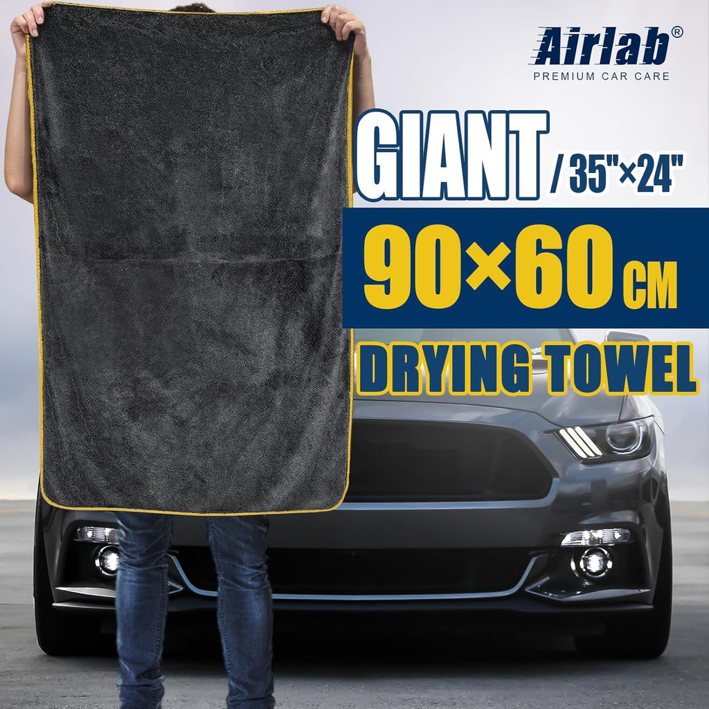 Airlab Microfiber Towels for Cars Wash Drying Extra Large Super Absorbent Cleaning Cloth Auto Detailing Ultra Soft, Lint-Free, Streak-Free, 35 x 24 Inch, Pack of 1, Grey-Yellow, 600 GSM