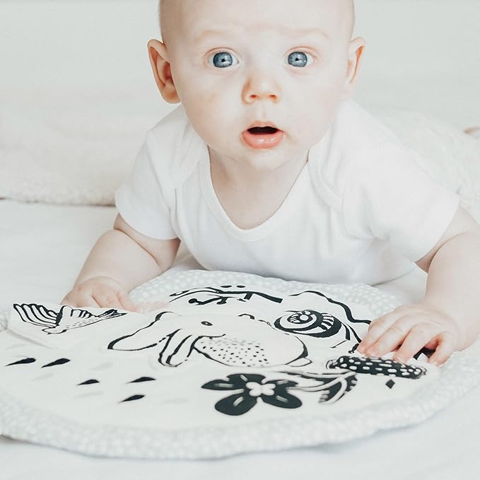Wee Gallery Meadow Activity Pad Organic Baby Play Mat with Sensory Toys, High Contrast Newborn Essentials Soft Tummy Time Mat for Babies 0-12 Months, Visual and Motor Skill Development Toy