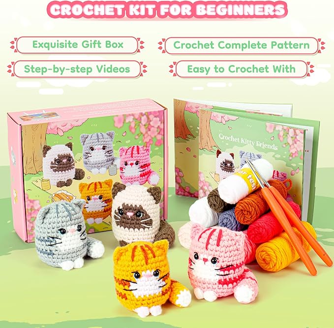 Crochet Kit for Beginners -4 PCS Cat Crochet Kit with Step-by-Step Video Tutorials, Learn to Crochet Kits for Adults and Kids, Beginner Crochet Kits for Adults, Animals Cat Crafts Knitting Kit