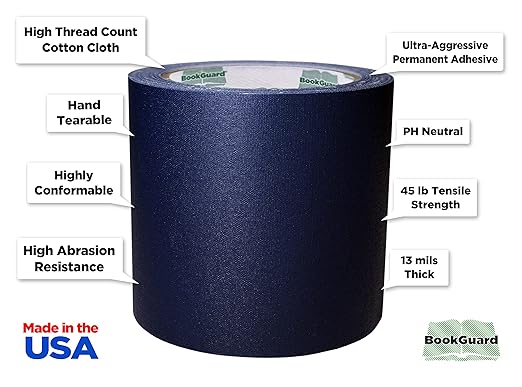 BookGuard 4 inch Premium Bookbinding Repair Cloth Tape, 15 Yard Roll, Navy Blue