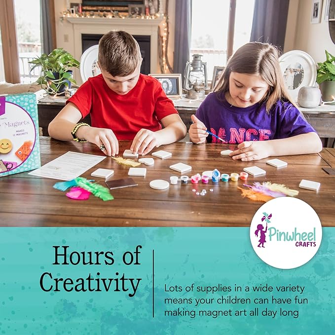 Pinwheel Crafts Magnetic Tile Art Kit Ages 6-12+ Years - Paint Your Own Magnetic Mini Tiles Includes 12 Tiles, Magnets, 8 Paints, Brush, Googly Eyes - DIY Magnet Making Kit for Kids