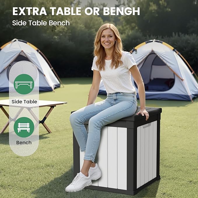 50 Gallon Storage Box, Waterproof Deck Box for Indoor & Outdoor Use, Lockable Pool Storage Bin for Package Delivery, Outdoor Bench for Patio Cushions, Garden Tools, Backyard, Black & White