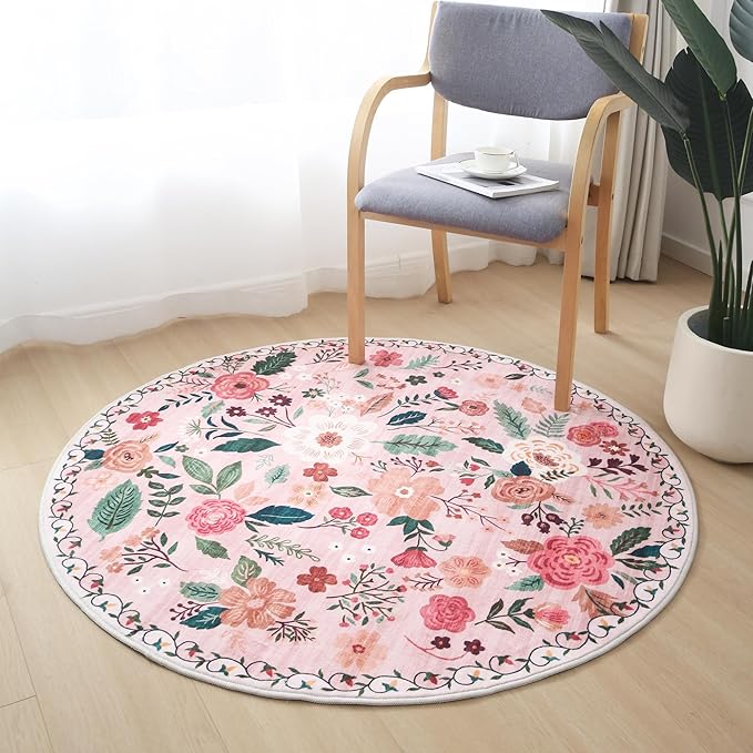 Rugcomf Round Rug 4ft Washable Circle Rug Non Slip Low Pile Boho Floral Small Circular Rug for Bedroom, Bathroom, Entryway, Kids Room, Office, College Dorm(Pink)