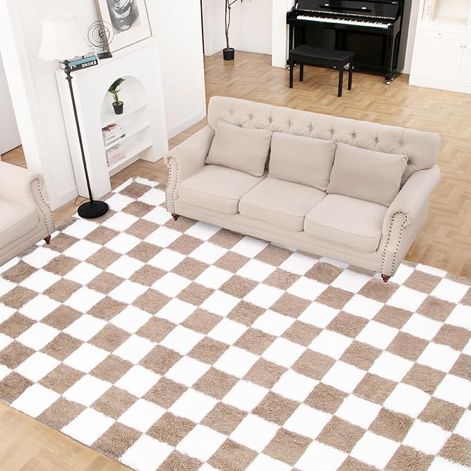 Super Soft Rug for Bedroom, 8x10 Ft Beige and White Area Rug Classic Checkered Shaggy Anti-Skid High Pile Soft Fluffy Rug Fuzzy Carpet for Living Room Bedroom Kids Room Nursery, Dorm Home Decor