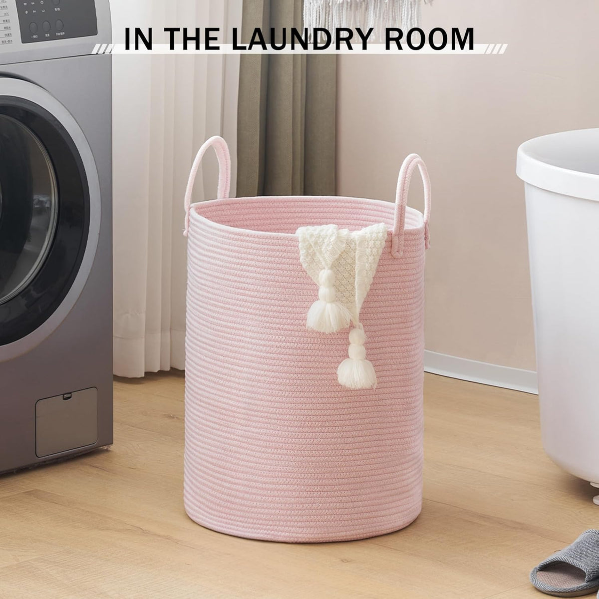 YOUDENOVA Woven Rope Laundry Hamper, 58L Tall Luandry Basket, Baby Nursery Hamper for Blanket Storage in Bedroom-Large-Pink
