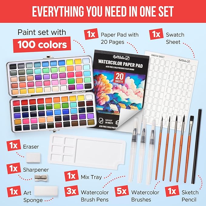 Premium Watercolor Paint Set Bundle with 100 Bright Colors & Paper Pad for Beginners & Professional – Painting Kit & Art Supplies for Adults – Travel Watercolor Set with Metallic Watercolor Paints