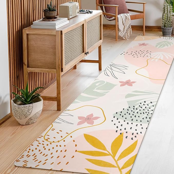 Lahome Washable Rug 2x8 - Hallway Kitchen Bathroom Carpet Runner, Lightweight Pink Botanical Print Laundry Non Slip Throw Rug, Bedroom Entryway 8ft