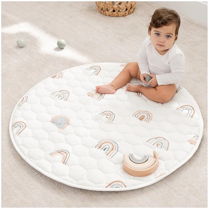 Comfy Cubs Round Kids Play Mat -Small 36 inches Soft Quilted Baby Floor Mat with Non-Slip Bottom - Plush Design for Toddlers' Playtime and Relaxation - Comfortable and Durable - Rainbow