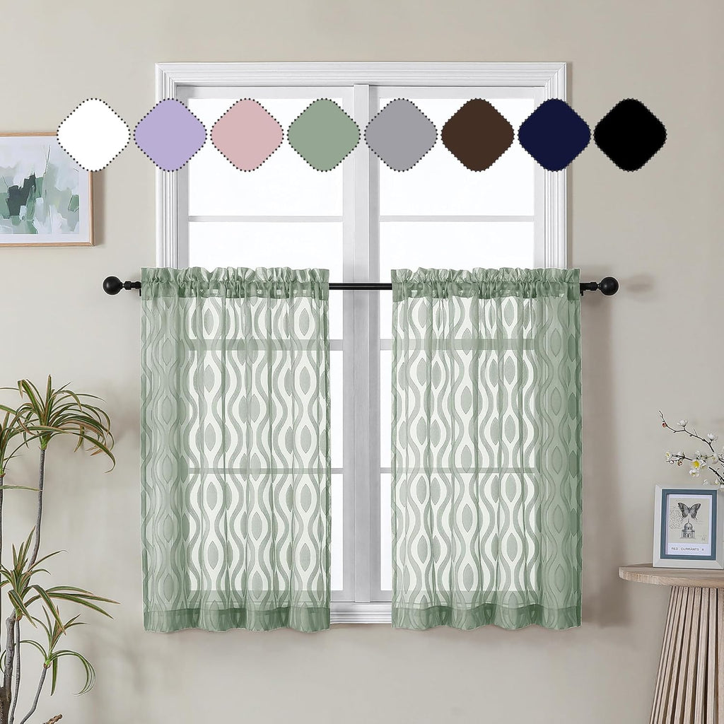 Aiyufeng Green Sheer Curtains Tiers 36 Inch Length 2 Panels Set, Airy Lightweight Clip Jacquard Short Kitchen Window Curtains, Modern Wavy Line Textured Voile Sheer Curtain Panles, 40" Wx36 L Inches