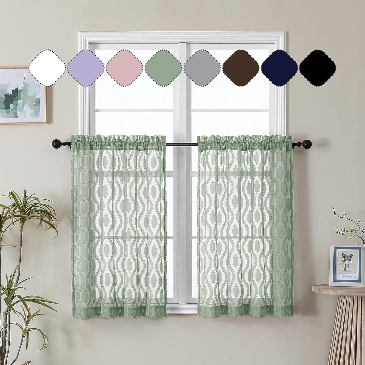 Aiyufeng Green Sheer Curtains Tiers 36 Inch Length 2 Panels Set, Airy Lightweight Clip Jacquard Short Kitchen Window Curtains, Modern Wavy Line Textured Voile Sheer Curtain Panles, 40" Wx36 L Inches