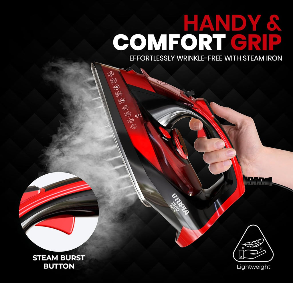 Utopia Home Steam Iron for Clothes - Non-Stick Soleplate - 1800W Clothes Iron With Auto-Off Safety Feature - Adjustable Thermostat Control, Variable Steam Control, Self-Clean, 8 Feet Cord (Black/Red)