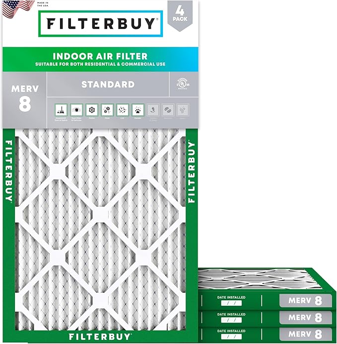 Filterbuy 9.5x19.5x1 Air Filter MERV 8 Essential Dust & Allergy Defense (4-Pack), Electrostatic Pleated HVAC AC Furnace Filters Replacement, Made in USA (Actual Size: 9.50 x 19.50 x 0.75)