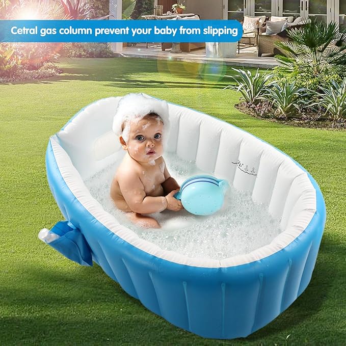 Baby Inflatable Bathtub, Portable Infant Toddler Bathing Tub Non Slip Travel Bathtub Mini Air Swimming Pool Kids Thick Foldable Shower Basin with Air Pump, Blue