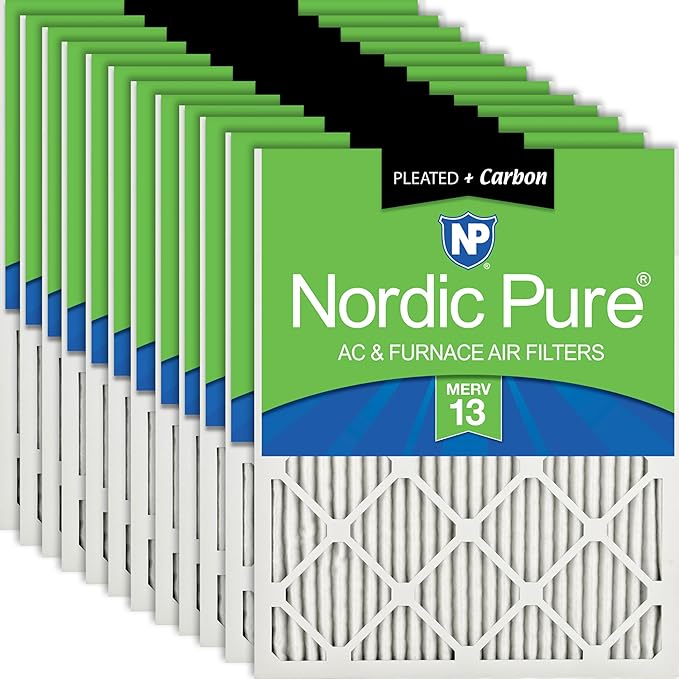 Nordic Pure 20x20x1 (Actual Size: 19 1/2 x 19 1/2 x 3/4) Pleated Air Filters MERV 13 Plus Carbon 12 Pack